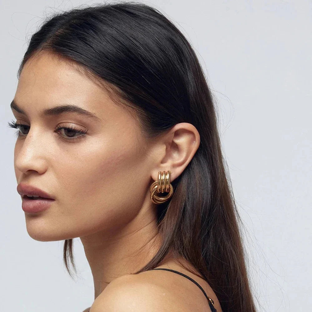 Trendy Stainless Steel Multilayer Circle Twist Knot Earrings for Women Texture Mixed Color Gold Plated Statement Earring Bijoux-2