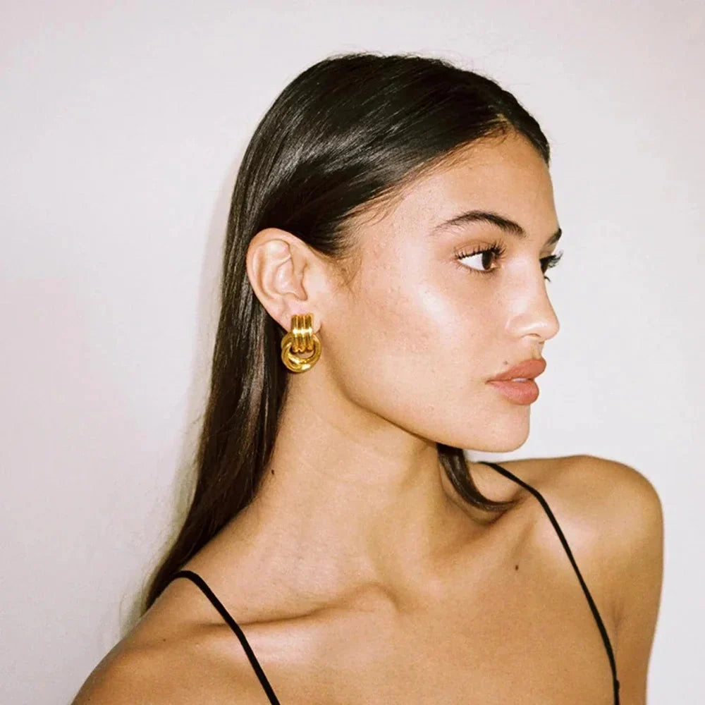 Trendy Stainless Steel Multilayer Circle Twist Knot Earrings for Women Texture Mixed Color Gold Plated Statement Earring Bijoux-1
