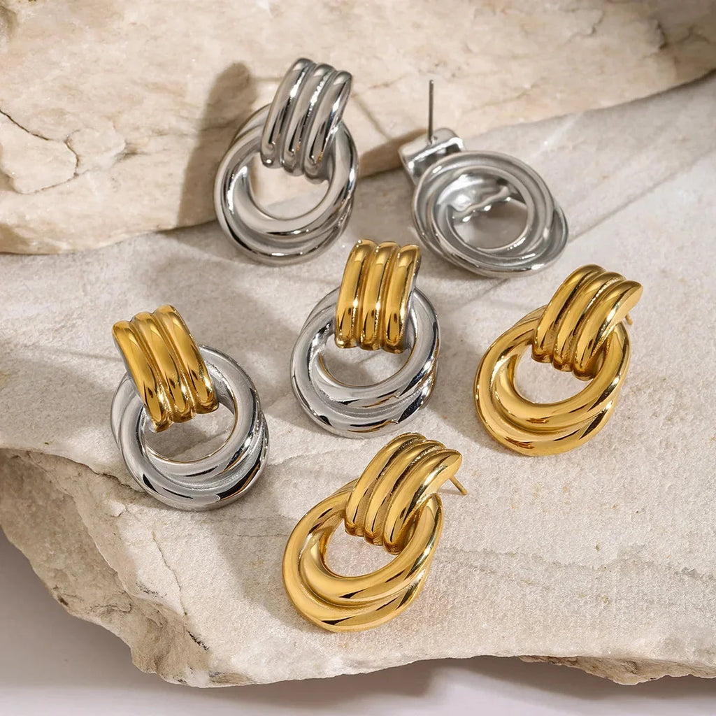 Trendy Stainless Steel Multilayer Circle Twist Knot Earrings for Women Texture Mixed Color Gold Plated Statement Earring Bijoux-4