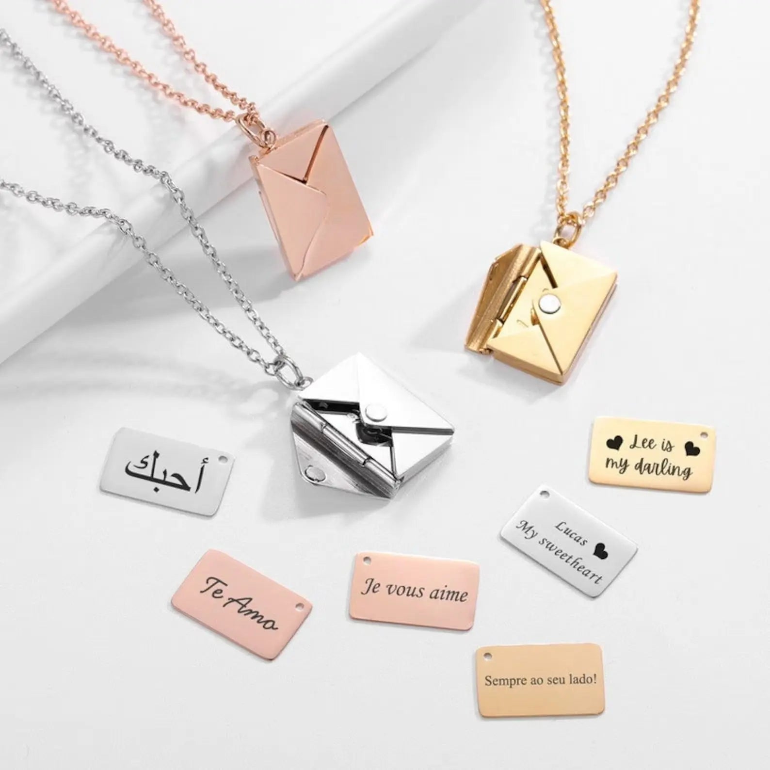 Personalised envelope message necklace