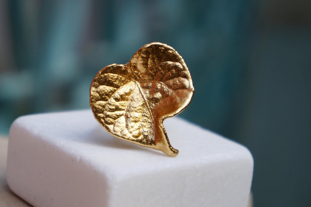 Real Leaf Gold Ring, Handmade Nature Jewelry, Organic Botanical Band, Gift for Love, 14K Gold Plated Brass-0