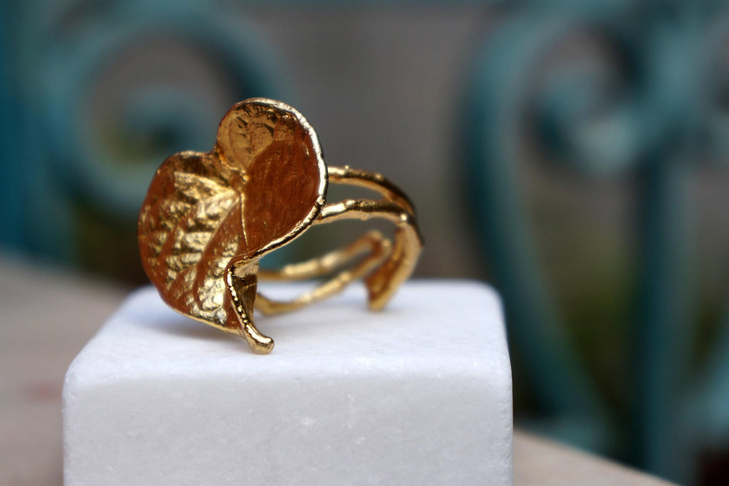 Real Leaf Gold Ring, Handmade Nature Jewelry, Organic Botanical Band, Gift for Love, 14K Gold Plated Brass-1