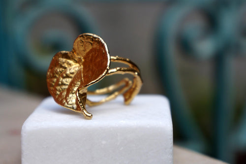 Real Leaf Gold Ring, Handmade Nature Jewelry, Organic Botanical Band, Gift for Love, 14K Gold Plated Brass-1