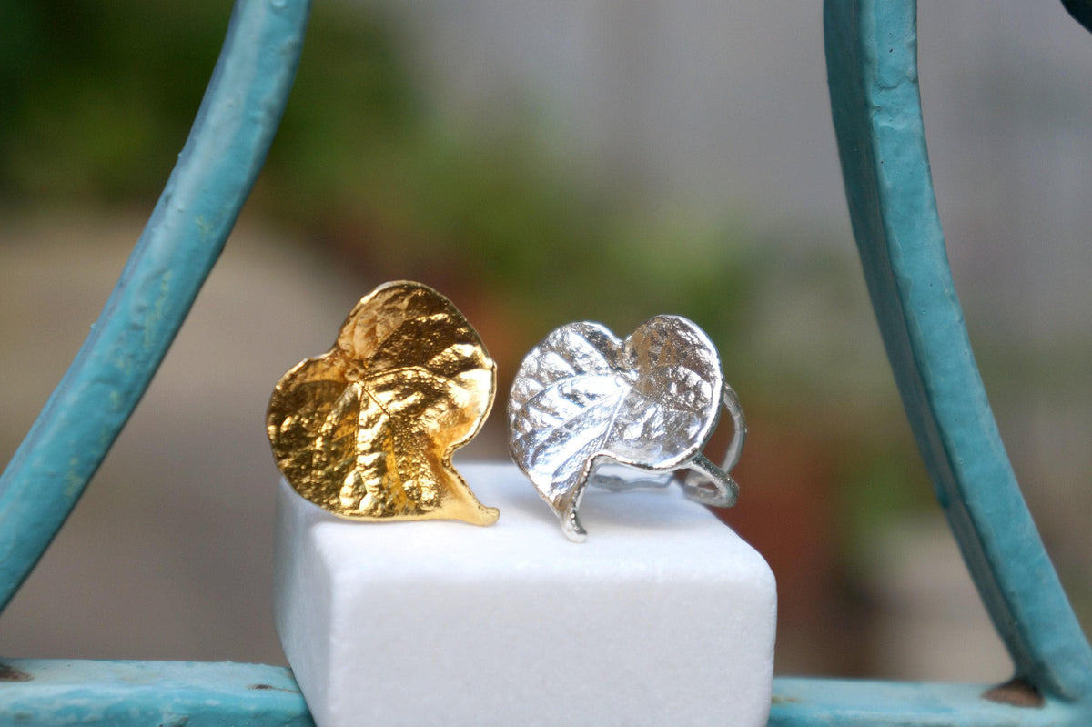 Real Leaf Gold Ring, Handmade Nature Jewelry, Organic Botanical Band, Gift for Love, 14K Gold Plated Brass-3