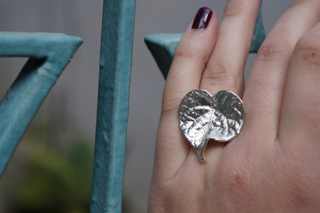 Real Leaf Gold Ring, Handmade Nature Jewelry, Organic Botanical Band, Gift for Love, 14K Gold Plated Brass-4