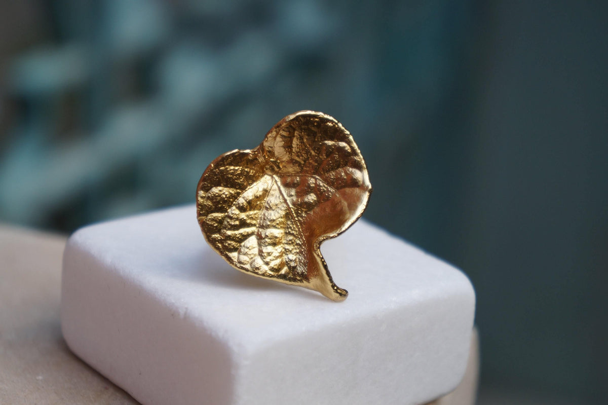 Real Leaf Gold Ring, Handmade Nature Jewelry, Organic Botanical Band, Gift for Love, 14K Gold Plated Brass-2