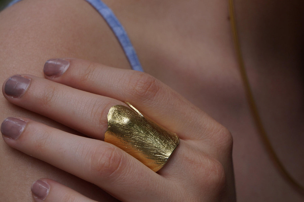 Adjustable Gold-Plated Brass Ginkgo Leaf Ring