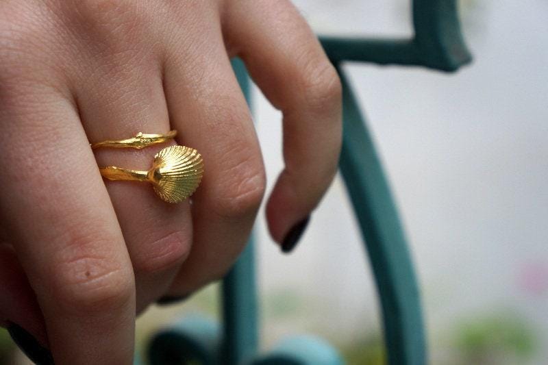 Gold Sea Shell Ring, Handmade Nature Jewelry, Organic Beach Band, Eco Gift for Luck & Vitality, Gold or Sterling Silver 925-4