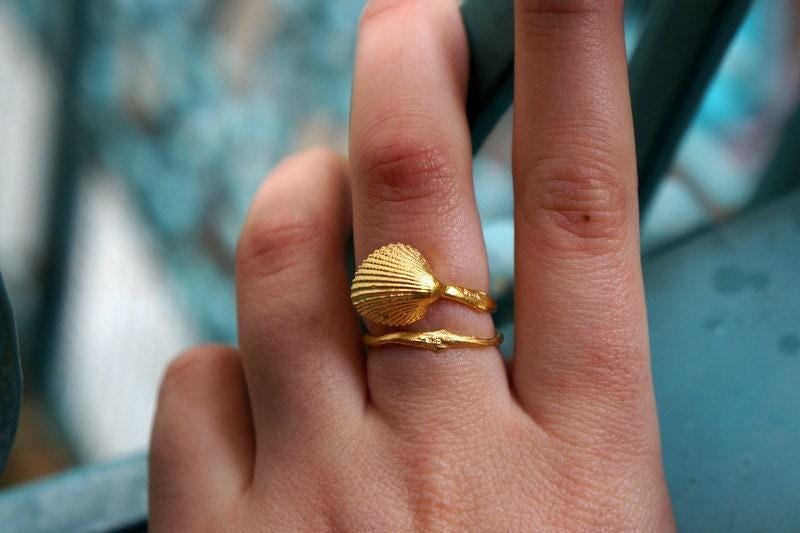 Gold Sea Shell Ring, Handmade Nature Jewelry, Organic Beach Band, Eco Gift for Luck & Vitality, Gold or Sterling Silver 925-0