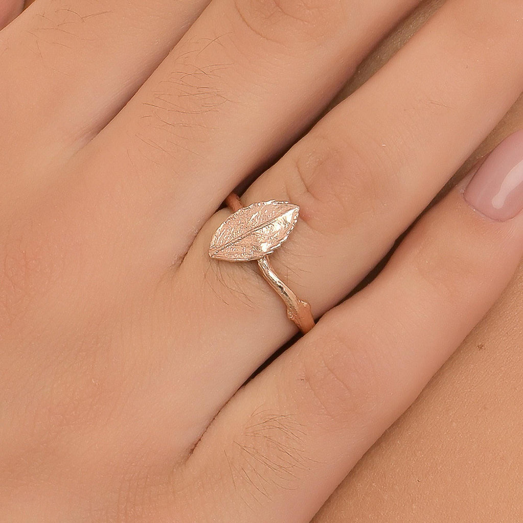 Sterling Silver Rose Twig & Leaf Ring