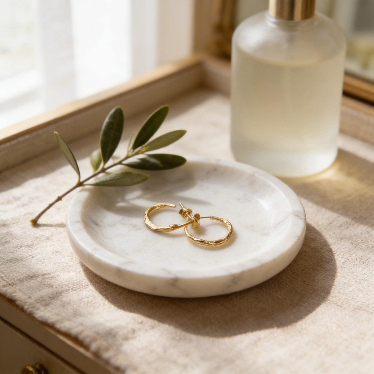 Gold Mini Hoop Earrings, Solid Gold Jewelry, Olive Branch Earrings, Gift for Her, Birthday Gift for Women, Handmade Jewelry, Boho Fashion-0