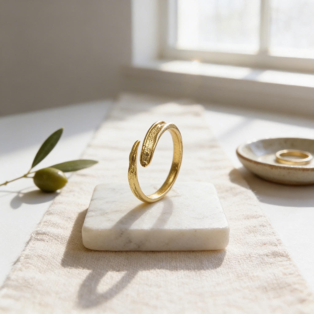 Gold  Olive Twig Ring, Handmade Minimalist Jewelry, Natural Stack Band, Gift for Good Fortune, Eco Sustainable Sterling Silver 925-0